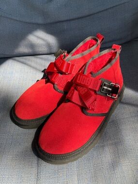 UGG red suede boots with magnetic buckle strap